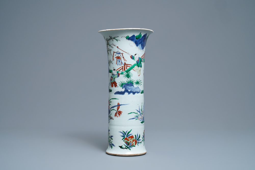 A Chinese wucai gu vase with figures in a garden, Shunzhi