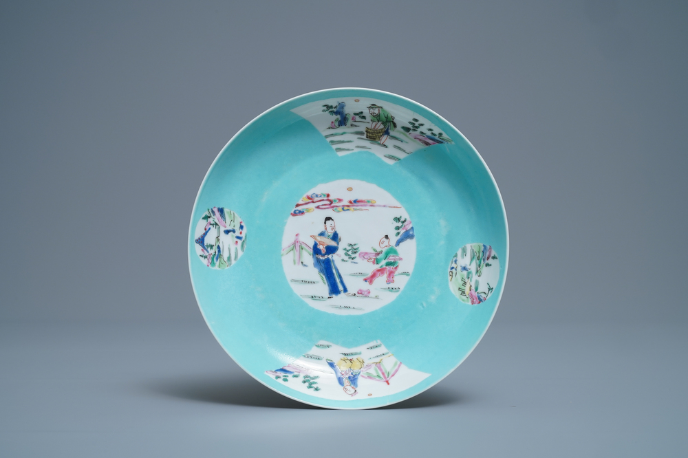 A Chinese famille rose turquoise-ground eggshell plate, Yongzheng mark and of the period