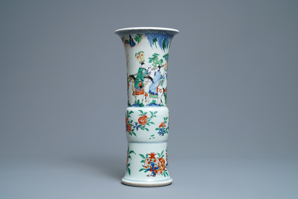 A Chinese wucai gu vase with figures and horses, Shunzhi