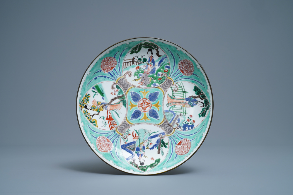 A Chinese famille verte 'Four hearts' dish after a Dutch Delft example, Kangxi