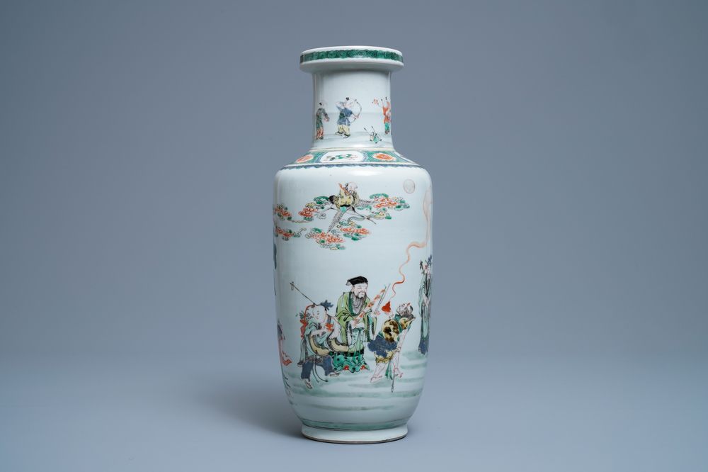 A Chinese famille verte rouleau 'immortals' vase, Kangxi