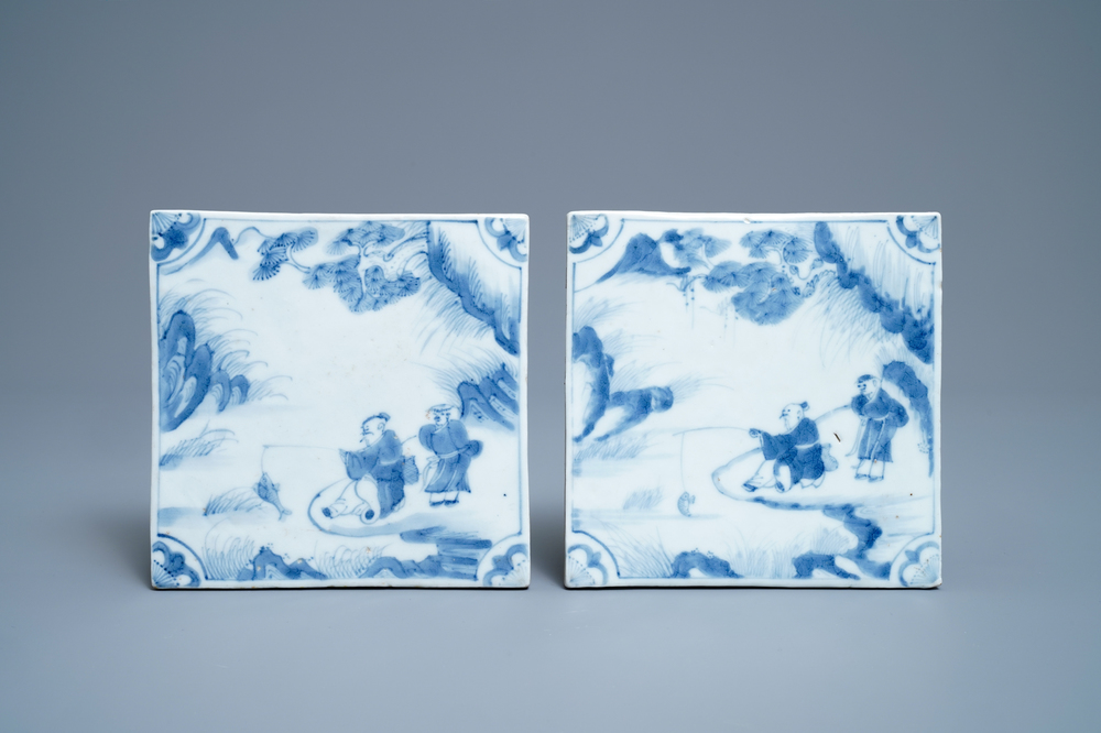 A pair of Chinese blue and white 'fishermen' tiles, Kangxi