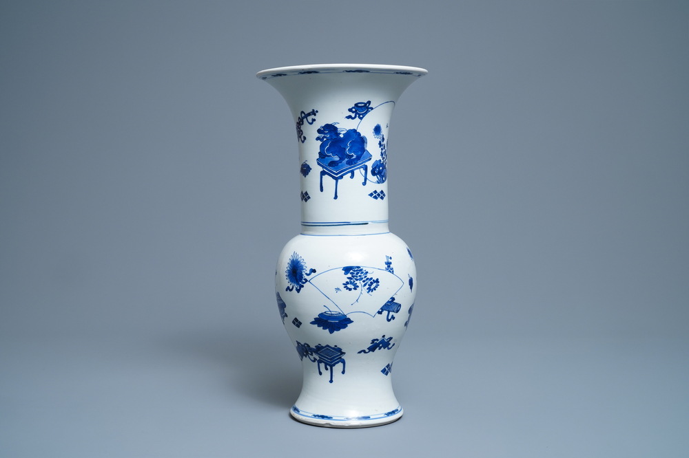 A Chinese blue and white yenyen vase with antiquities and mythical beasts, Kangxi