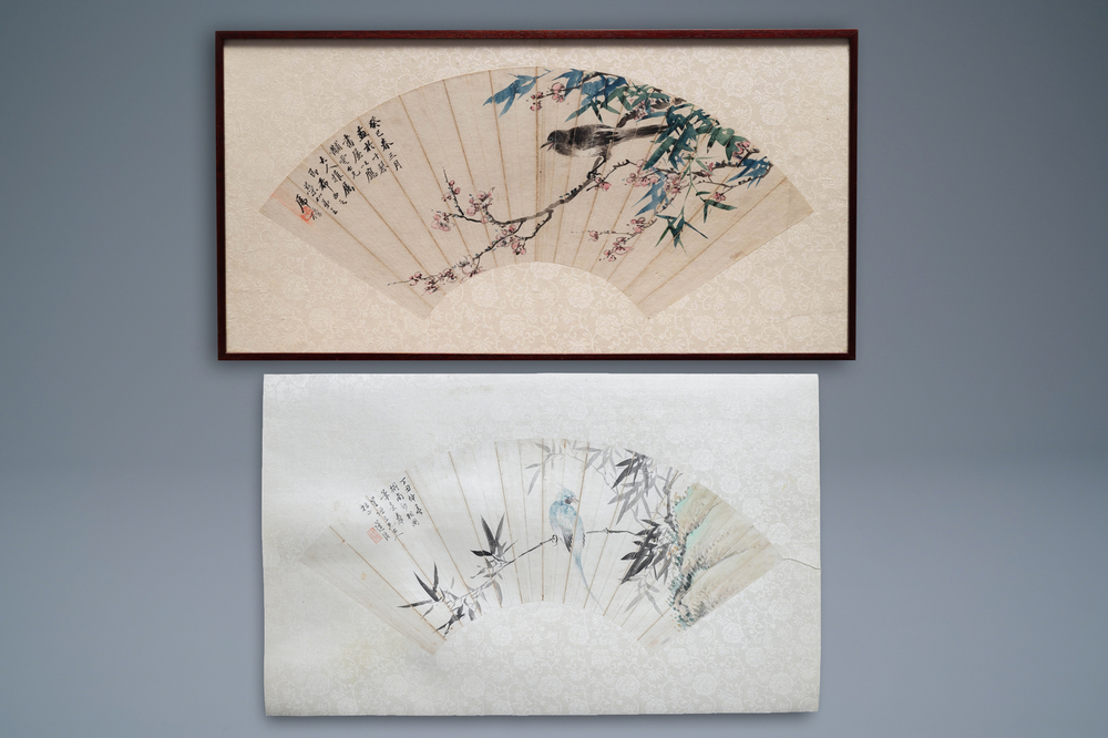 Lian Xi (1816-1884), ink and colour on paper, dated 1877: 'A fan painting with a bird'