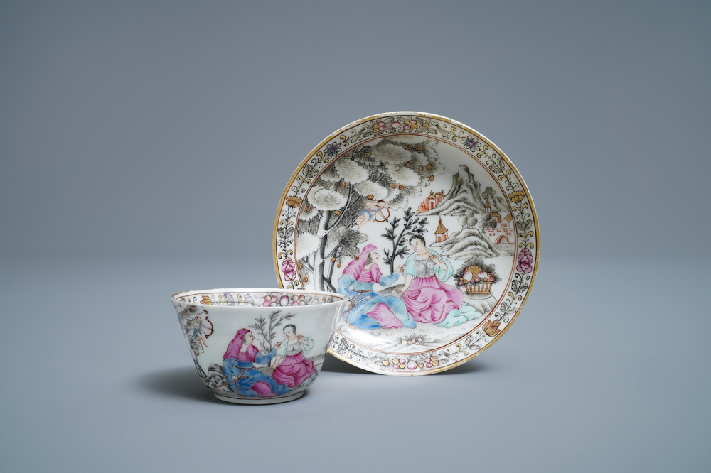 A Chinese famille rose 'amorous couple' cup and saucer, Qianlong
