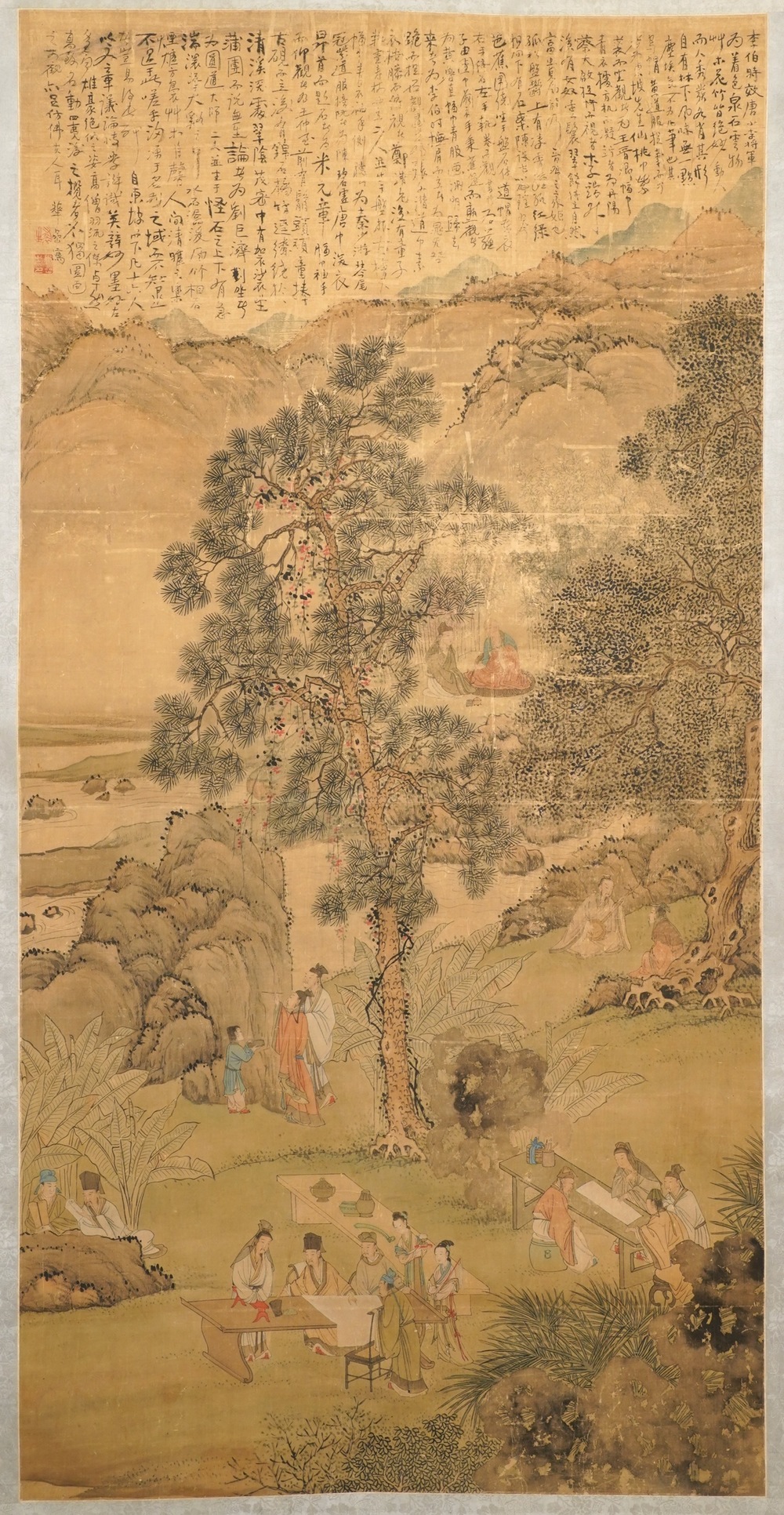 Chinese school, signed Hua Yan (1682-1756), ink and colour on paper: 'Scholars in a mountain forest'