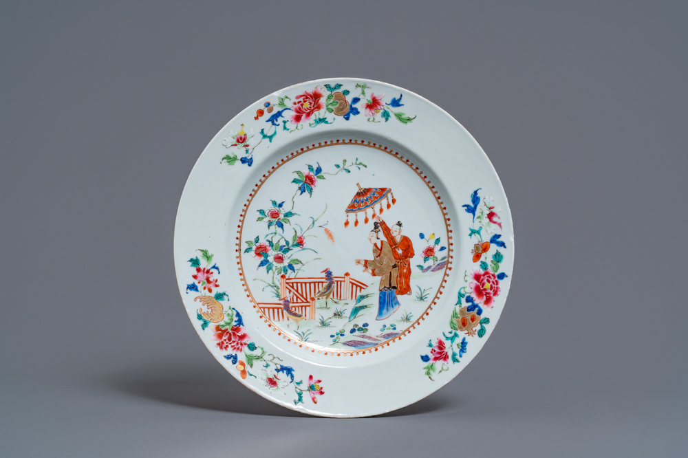 A Chinese famille rose dish after Cornelis Pronk: 'Dames au Parasol', Qianlong