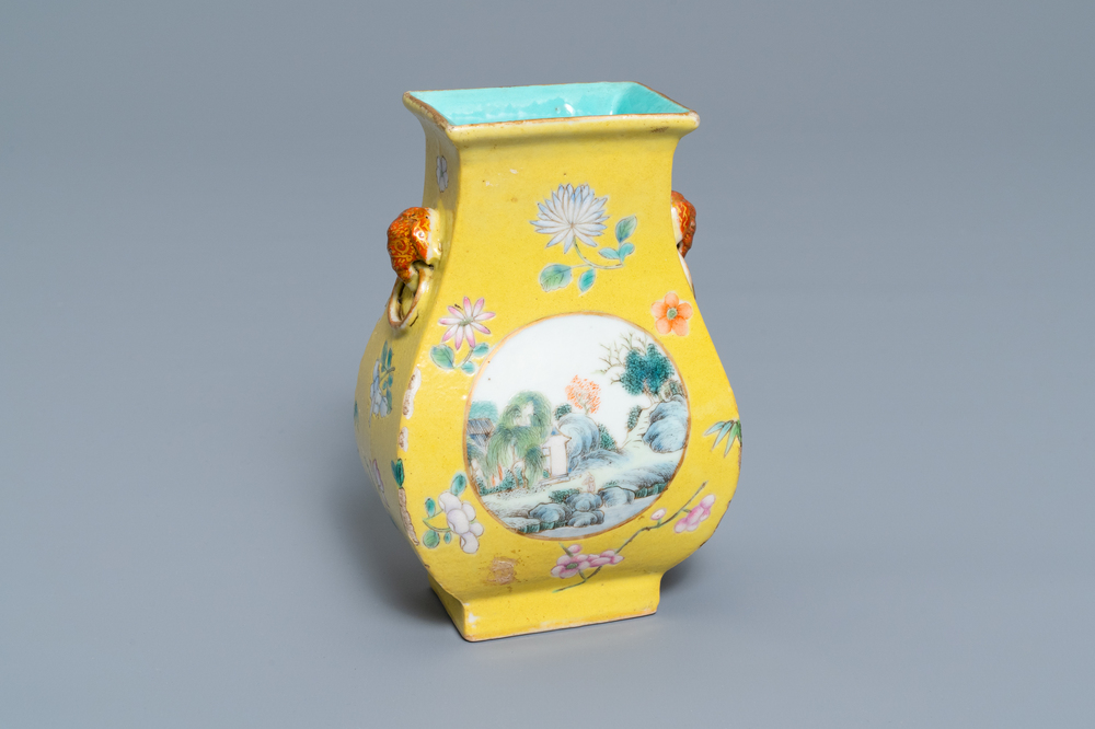 A Chinese yellow-ground famille rose vase, 19/20th C.