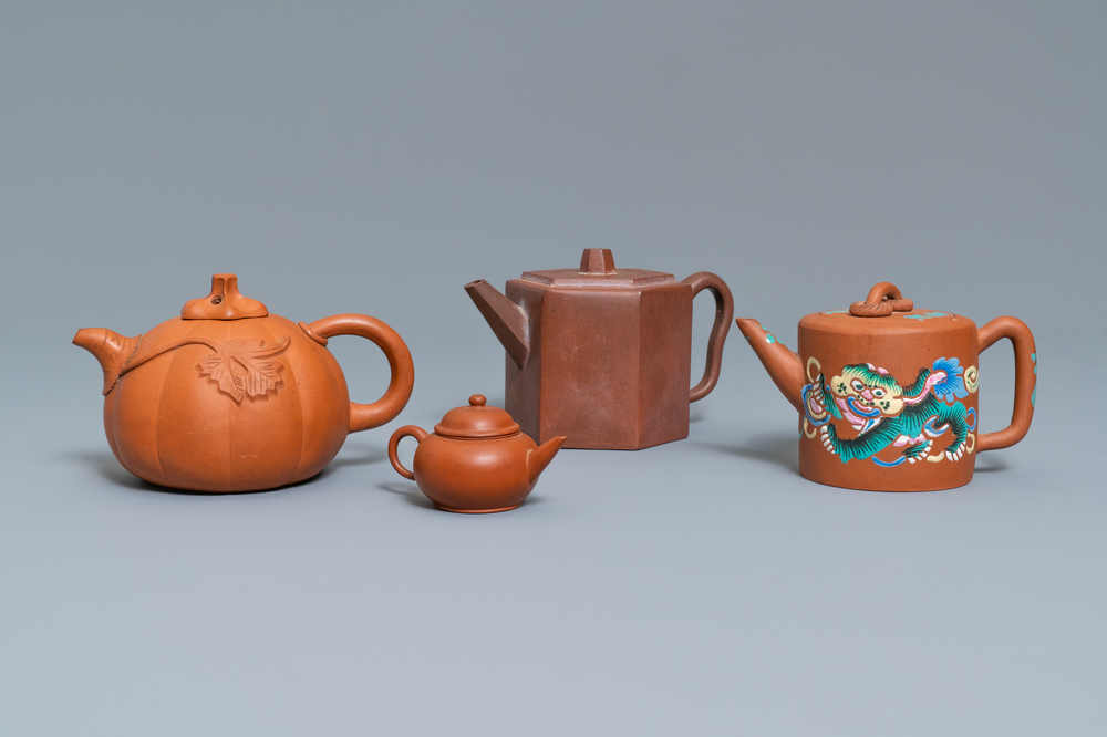 Four Chinese Yixing stoneware teapots and covers, impressed marks, 19/20th C.
