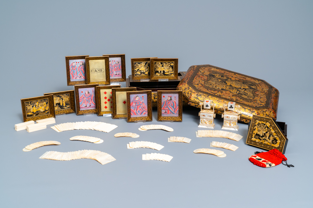 An extensive Chinese Canton export gilt and lacquer gaming box with mother-of-pearl accessories, 19th C.