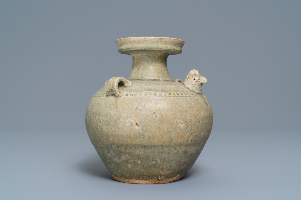 A Chinese Yue chicken-head ewer, Jin Dynasty, 3/5th C.