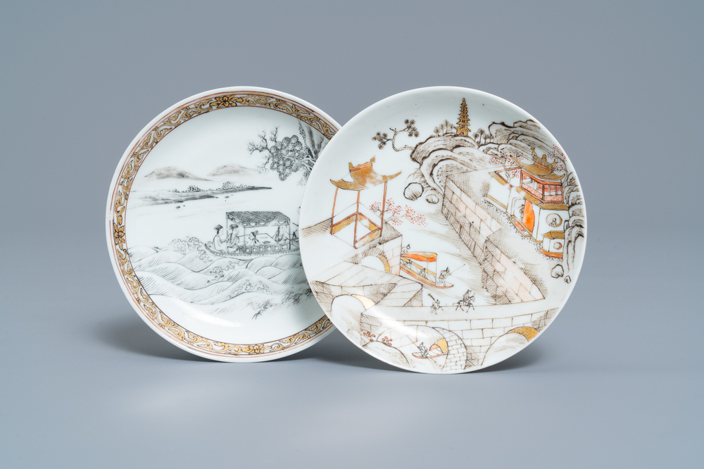 Two fine Chinese grisaille and iron red eggshell saucers, Yongzheng
