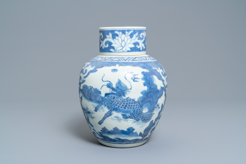 A large Chinese blue and white 'mythical beasts' jar and cover, Hatcher cargo shipwreck, Transitional period