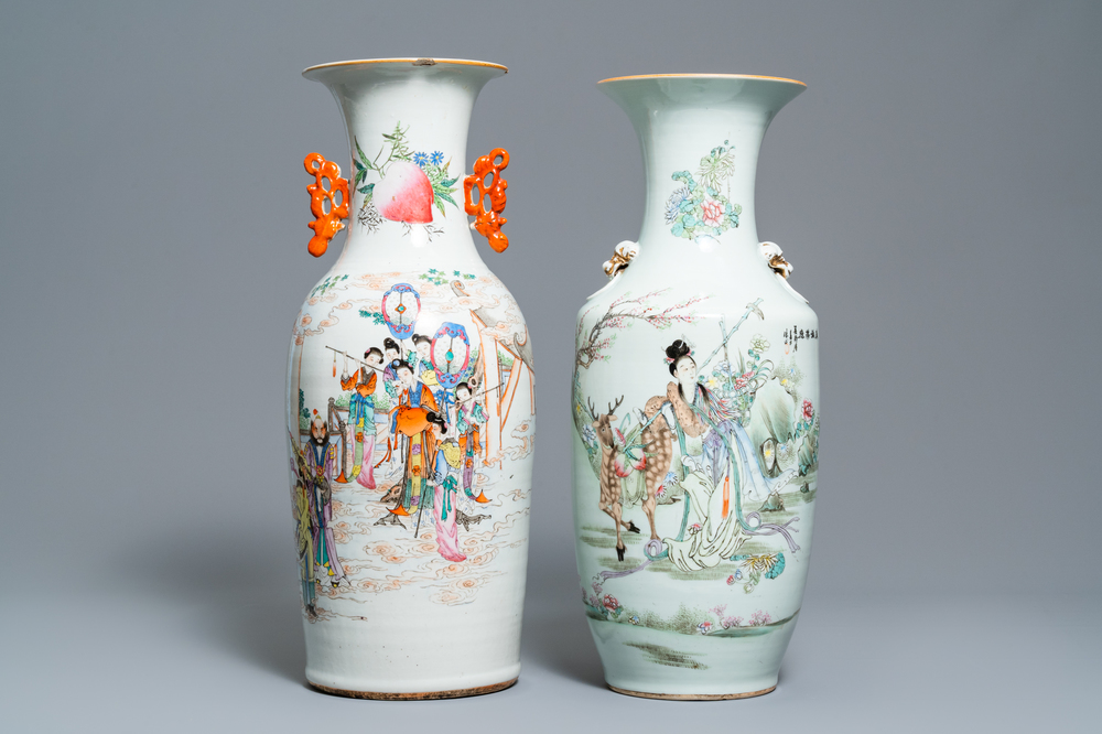 Two Chinese qianjiang cai and famille rose vases, 19/20th C.
