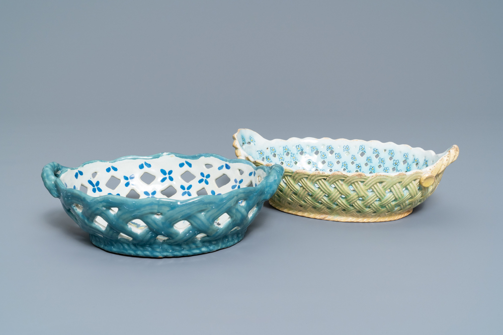Two reticulated polychrome Brussels faience baskets, 18th C.