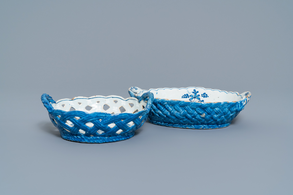 Two blue and white faience baskets, Brussels or Saint-Amand, 18th C.