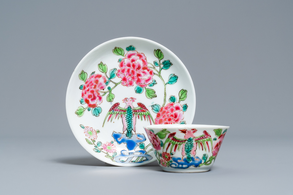 A Chinese famille rose 'double-headed eagle' cup and saucer for the Spanish or Mexican market, Yongzheng/Qianlong