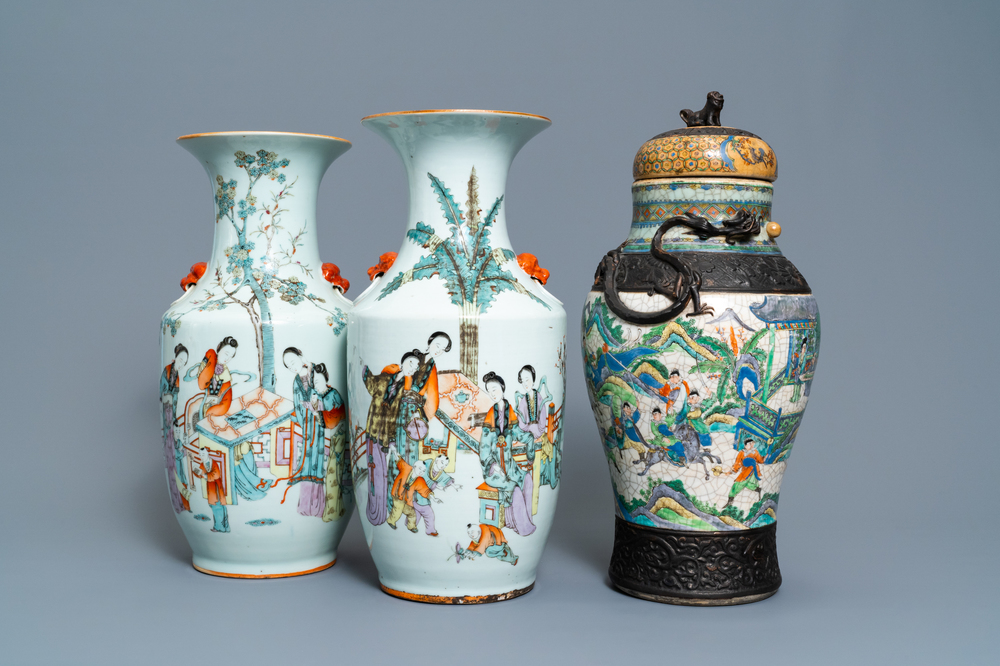 Two Chinese qianjiang cai vases and a famille verte vase, 19/20th C.