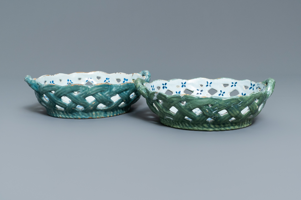 Two reticulated polychrome Brussels faience baskets, 18th C.
