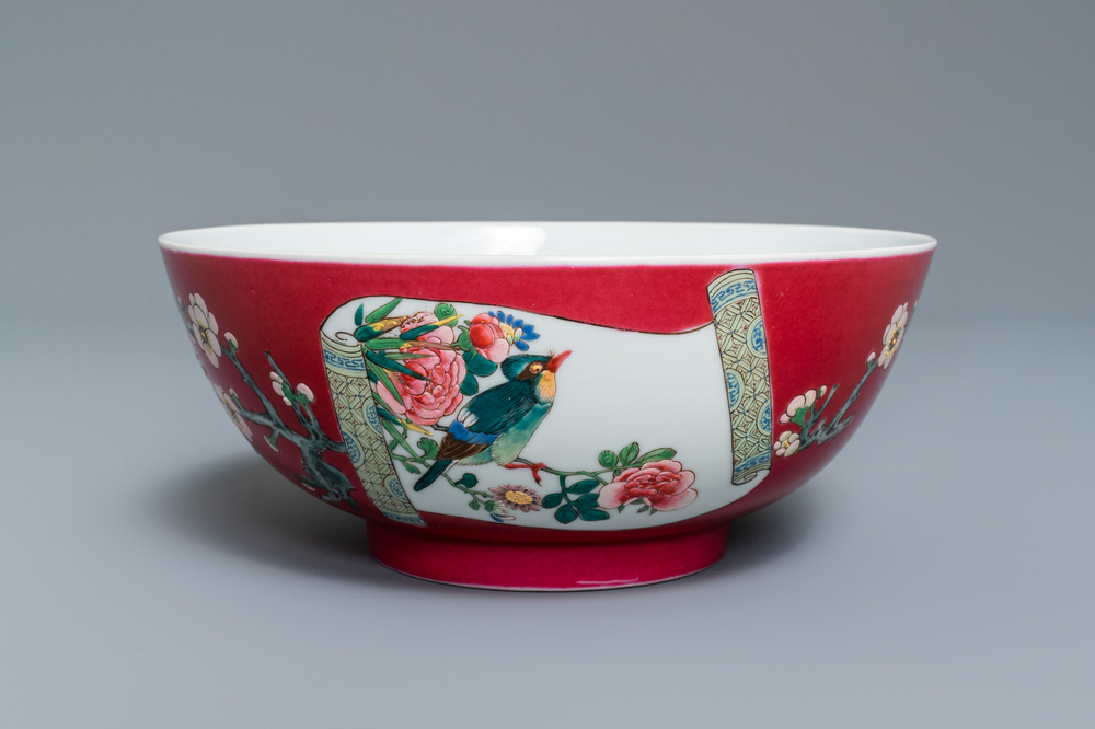 A fine Chinese famille rose ruby ground bowl, Yongzheng