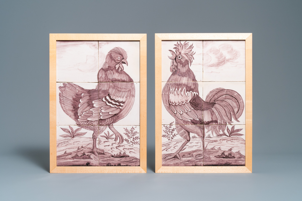 A pair of fine Dutch Delft manganese tile murals with a hen and a rooster, 18th C.