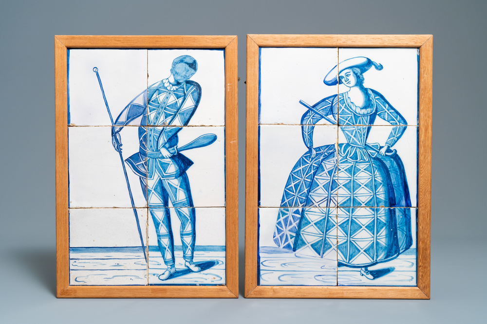 A pair of Dutch Delft blue and white tile murals with Harlequine and Colombine, 1st half 19th C.