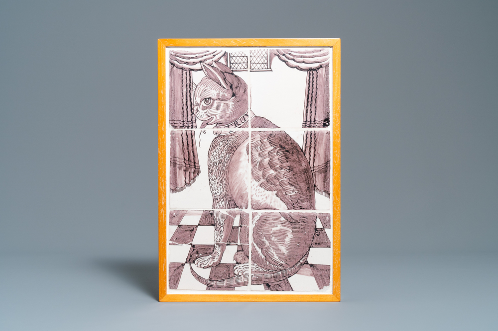 Un tableau de carreaux en fa&iuml;ence de Delft en mangan&egrave;se &agrave; d&eacute;cor d'un chat, 18&egrave;me