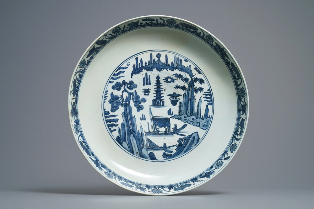 A massive Chinese blue and white landscape charger, Jiajing