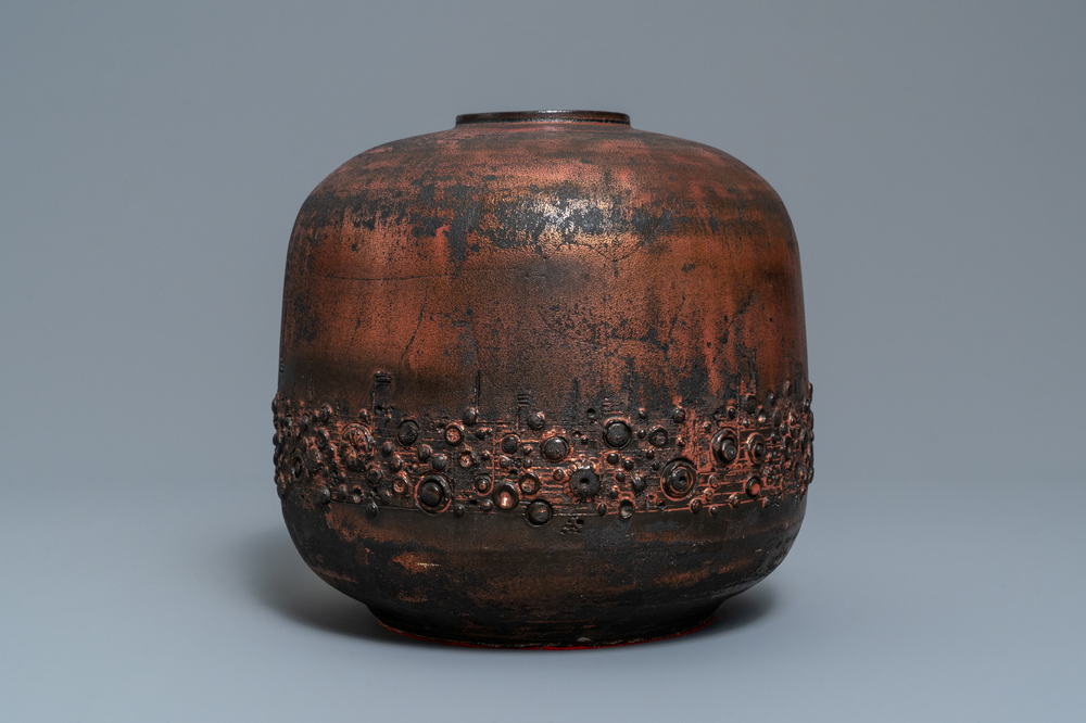 A brutalist vase with matte black and luster glazed relief design, Perignem, 2nd half 20th C.