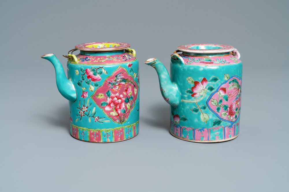 Two large Chinese turquoise-ground famille rose teapots for the Straits or Peranakan market, 19th C.