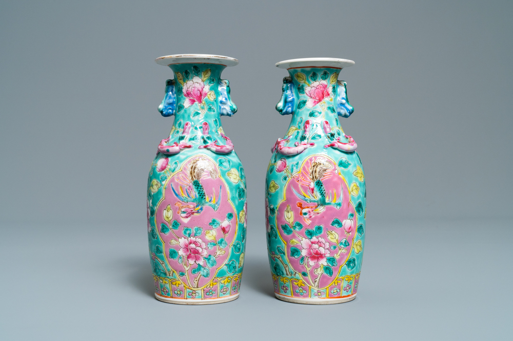 A pair of Chinese turquoise-ground famille rose vases for the Straits or Peranakan market, 19th C.