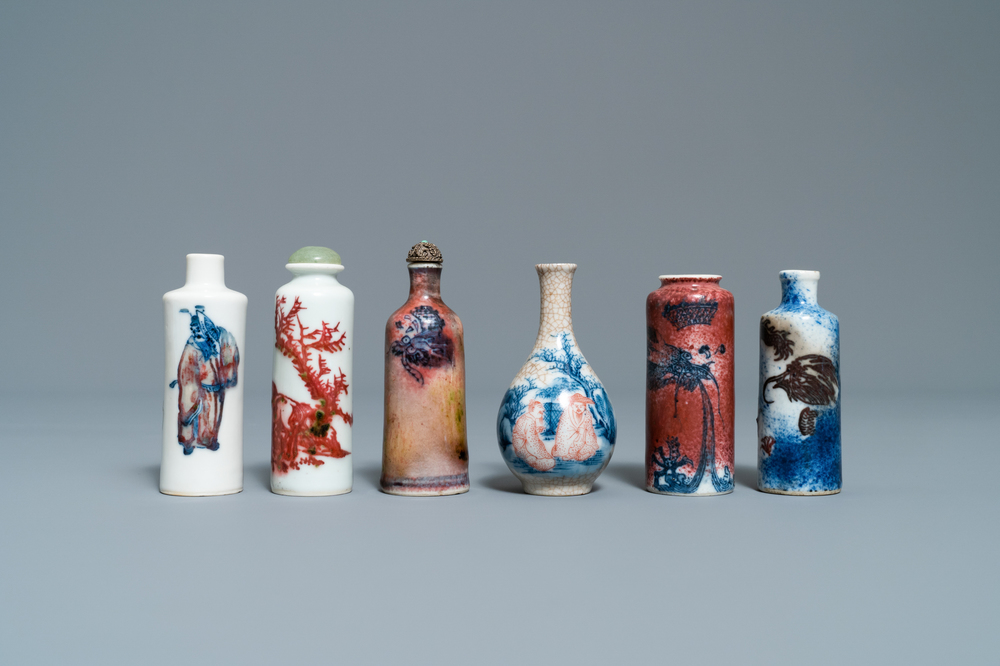 Six Chinese blue and white and copper-red snuff bottles, 19/20th C.