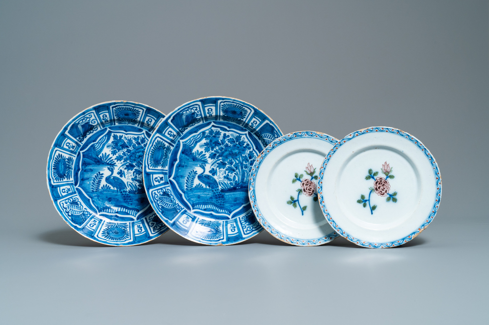 A pair of Dutch Delft blue and white chinoiserie dishes and a pair of polychrome plates with a rose, 18th C.