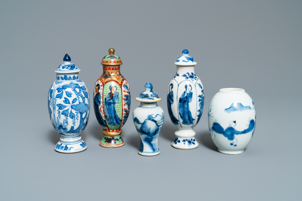Five Chinese blue and white vases, one clobbered, Kangxi