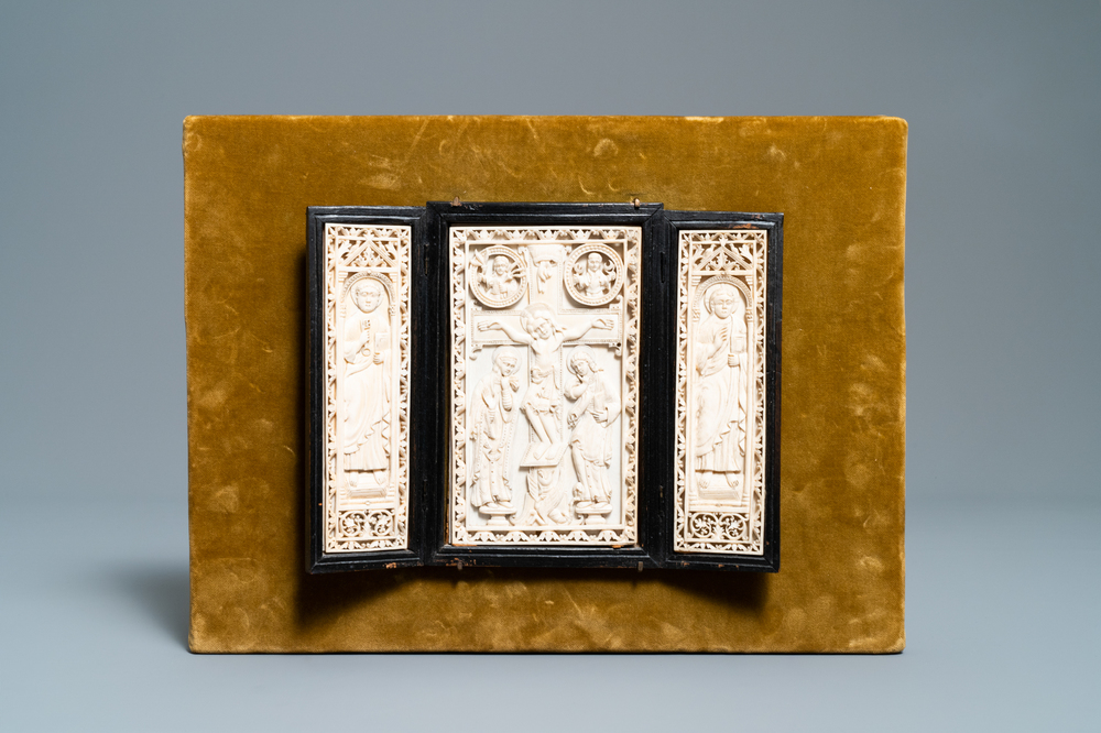 A carved ivory 'crucifixion' triptych, prob. Dieppe, France, 19th C.