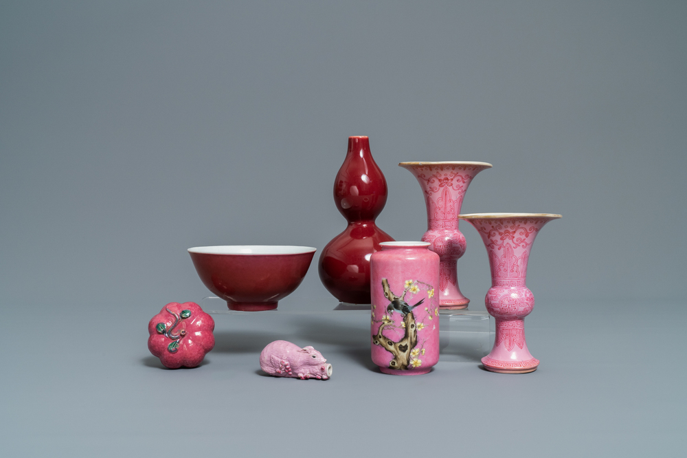 Seven Chinese monochrome pink and liver-red porcelain wares, Kangxi and later