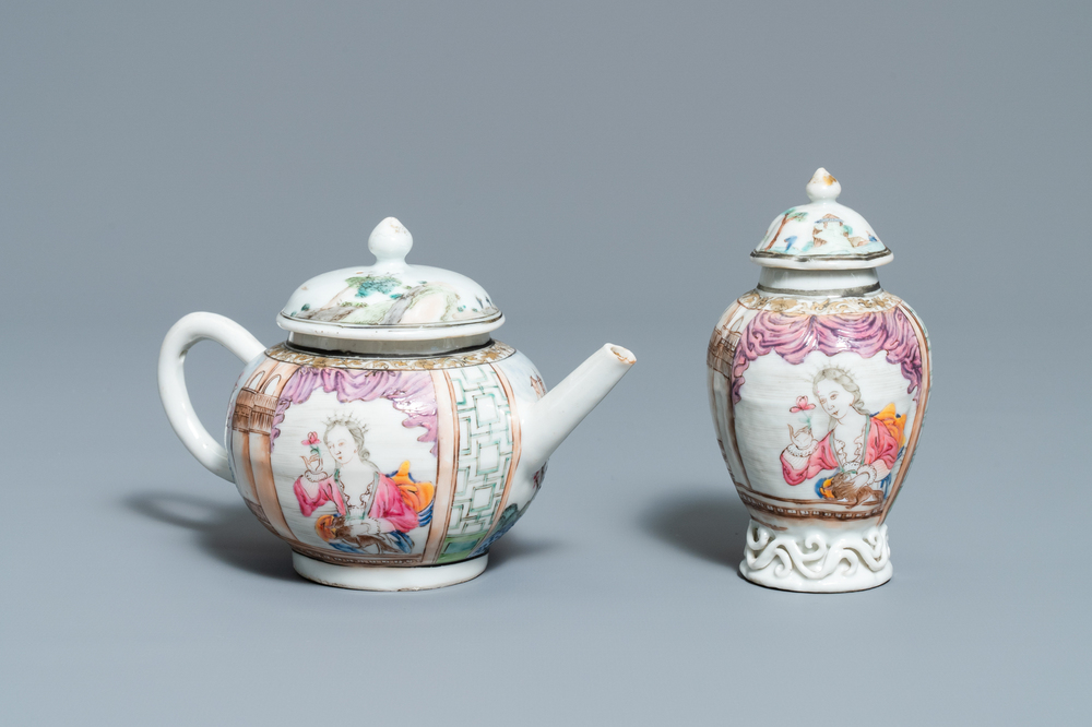 A Chinese famille rose teapot and caddy with a lady holding a small dog, Yongzheng/Qianlong