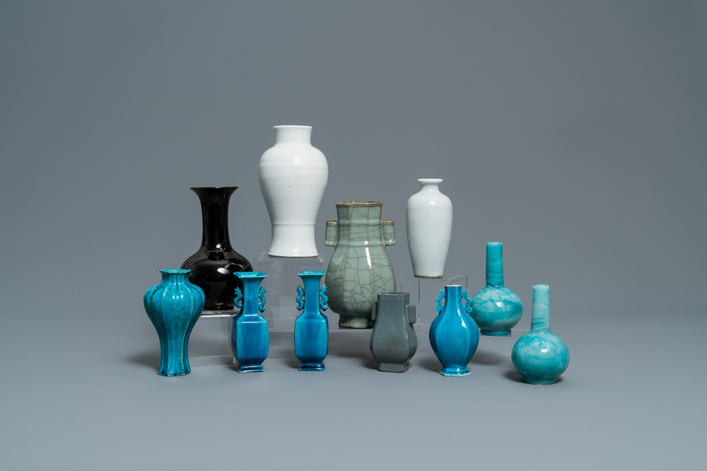 Eleven monochrome Chinese porcelain and Beijing glass vases, Kangxi and later