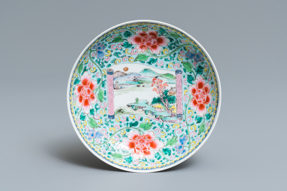 A Chinese famille rose saucer dish with a landscape, Yongzheng mark and of the period