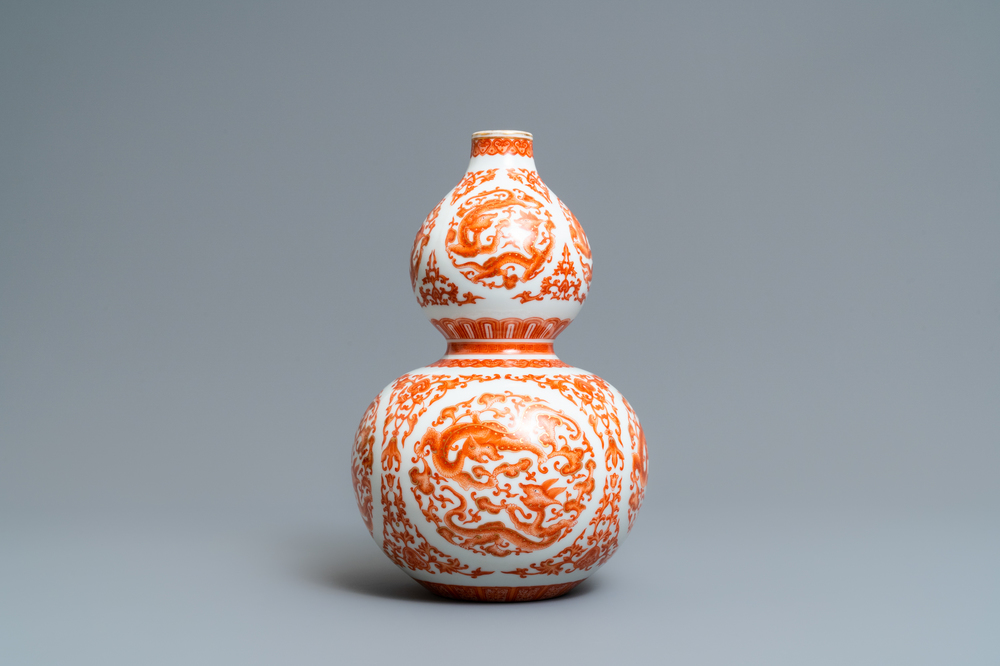 A Chinese iron-red and gilt double gourd 'dragon' vase, Qianlong mark, Republic