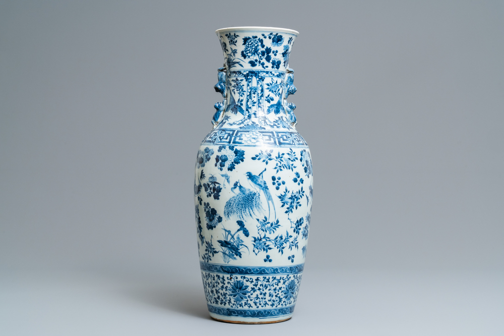 A Chinese blue and white vase with birds among flowers, 19th C.