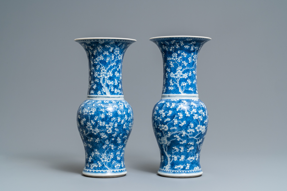 A pair of Chinese blue and white 'prunus on cracked ice' yenyen vases, Kangxi