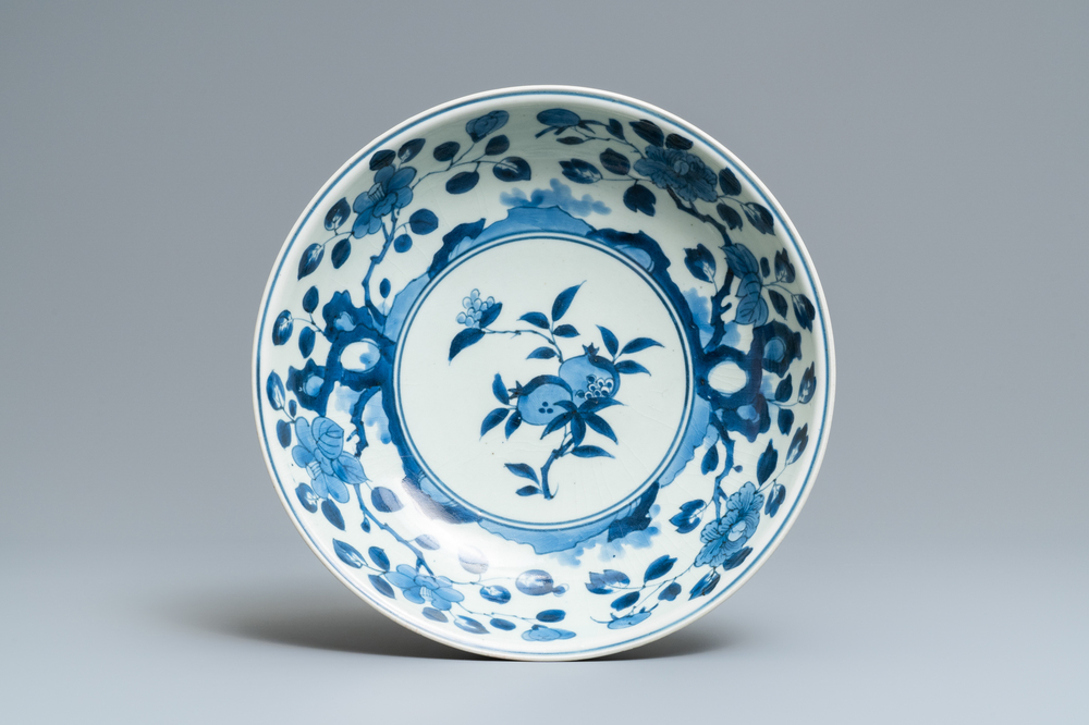 A Japanese blue and white Arita 'pomegranates' dish, Chenghua mark, Edo, 17/18th C.