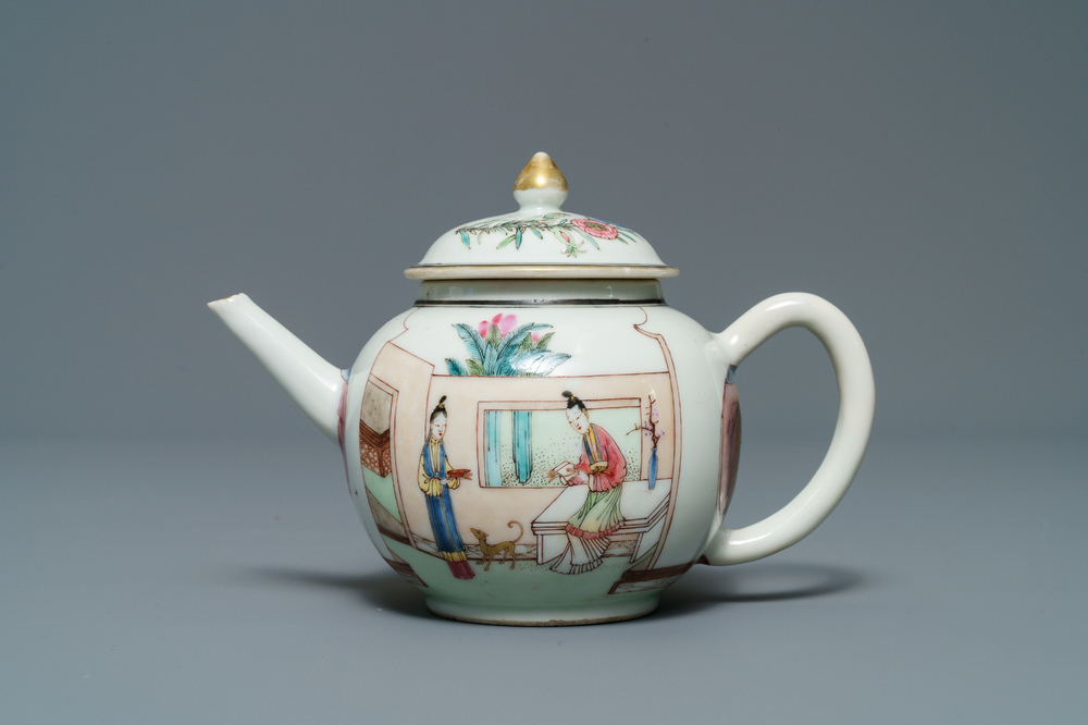 A Chinese famille rose teapot and cover with ladies in a garden, Yongzheng