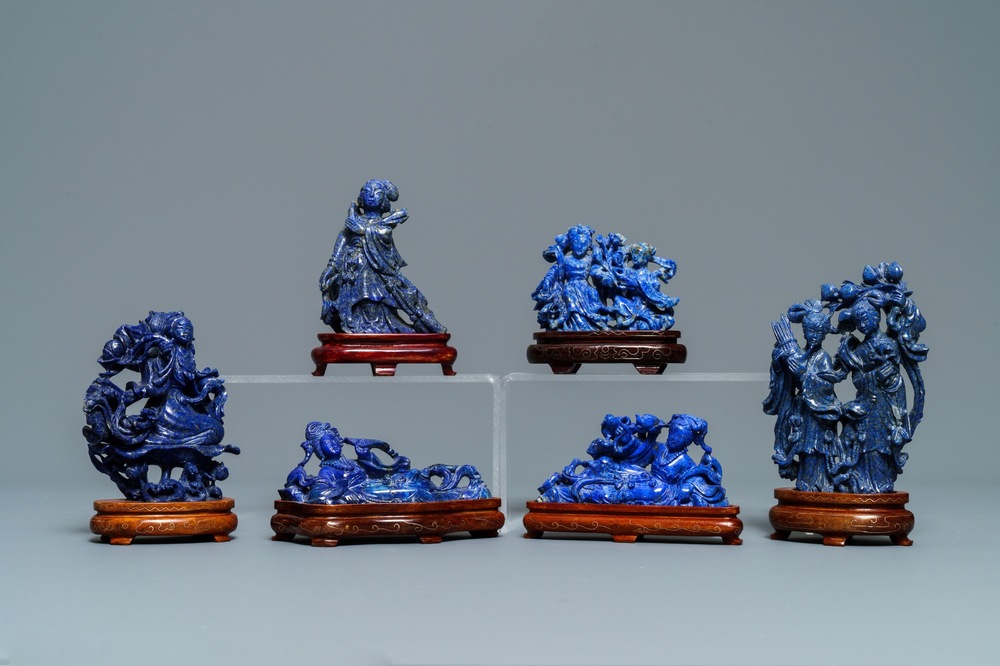 Six Chinese carved lapis lazuli groups, 19/20thC.