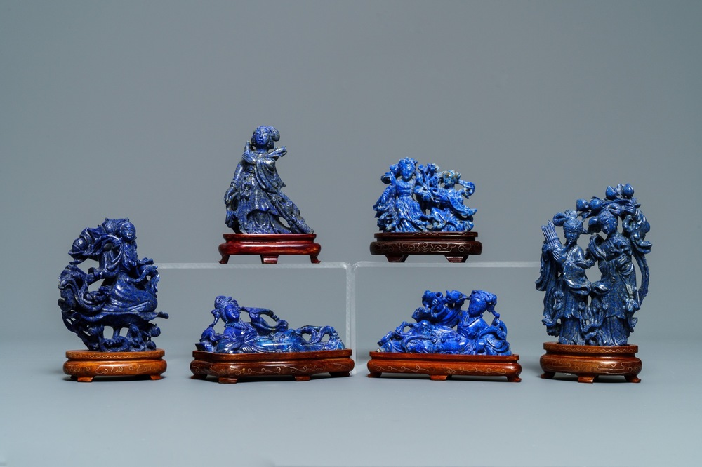 Six groupes en lapis lazuli sculpt&eacute;, Chine, 20&egrave;me