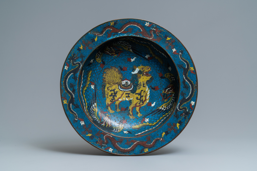 A large Chinese cloisonn&eacute; basin with a qilin, phoenixes and dragons, Republic