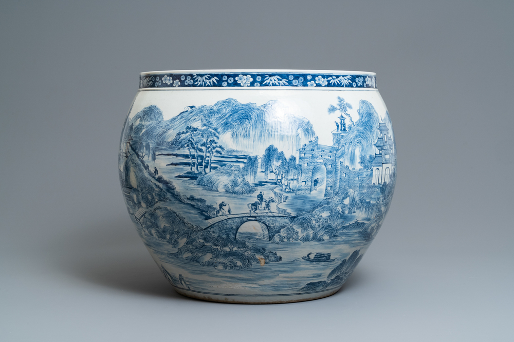 A large Chinese blue and white 'landscape' fish bowl, Qianlong