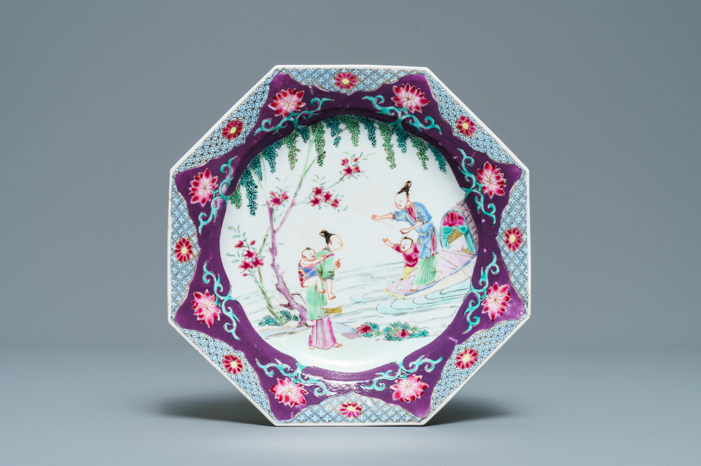 An octagonal Chinese famille rose plate with figures on a shore, Yongzheng