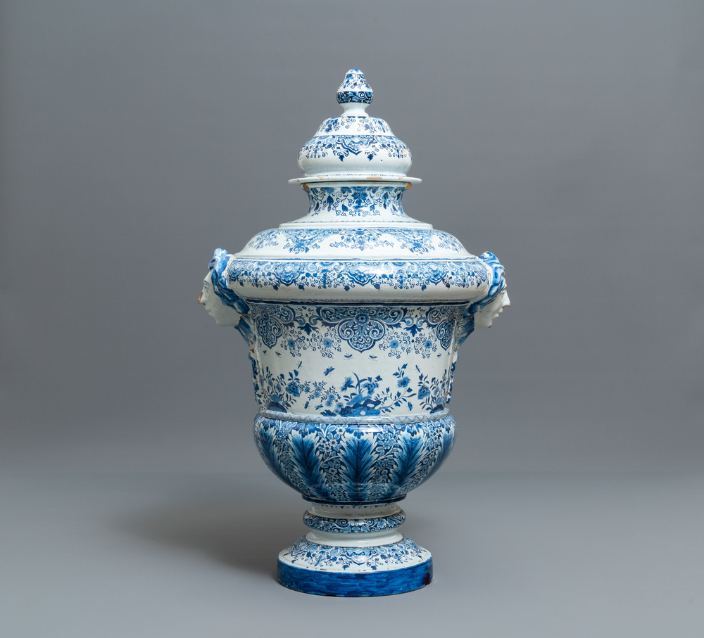 A massive Dutch Delft blue and white urn and cover, 19th C.